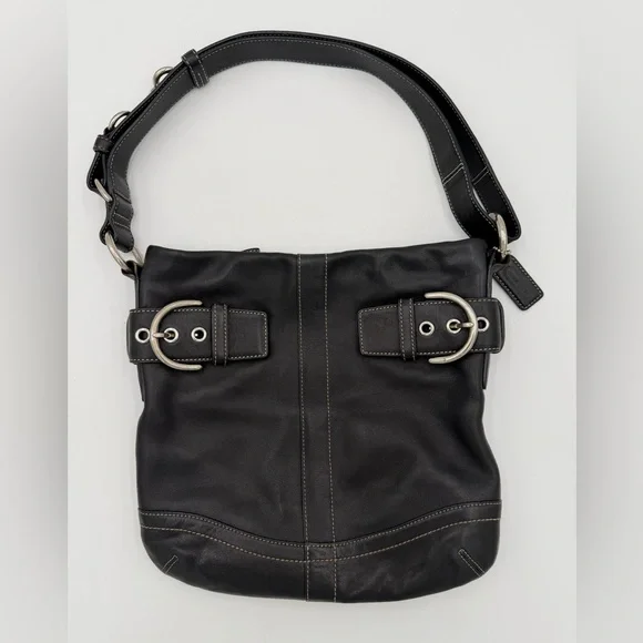 Coach Soho Buckle Flap Hobo Black Leather Y2K Shoulder Bag 1452 Silver Hardware - Picture 1 of 16